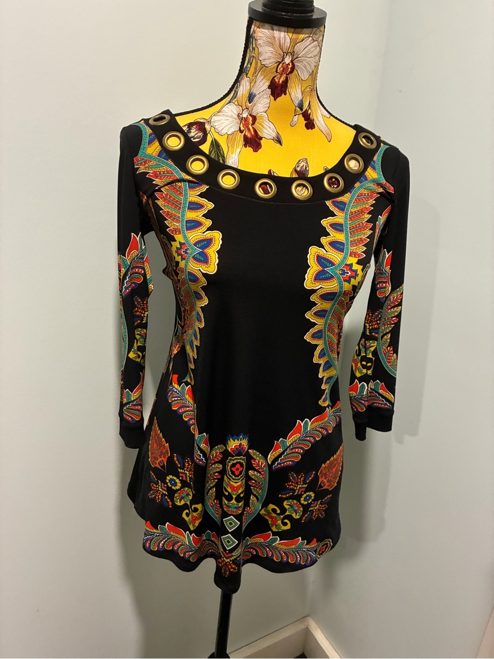 Black Evovorro Floral  Long Sleeve Mini Dress Tunic with Grommets Size Small